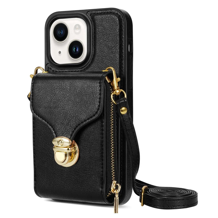 For iPhone 14 PU Leather Coated TPU Phone Case Zipper Card Slot Kickstand Cover with Shoulder Strap - Black - 1