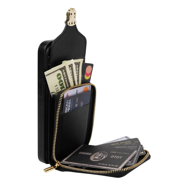 For iPhone 14 PU Leather Coated TPU Phone Case Zipper Card Slot Kickstand Cover with Shoulder Strap - Black - 2