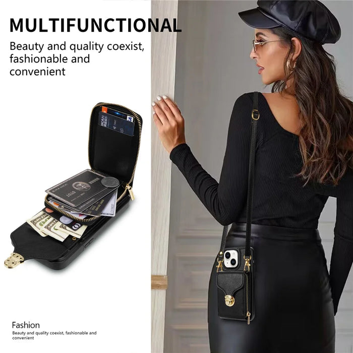 For iPhone 14 PU Leather Coated TPU Phone Case Zipper Card Slot Kickstand Cover with Shoulder Strap - Black - 6