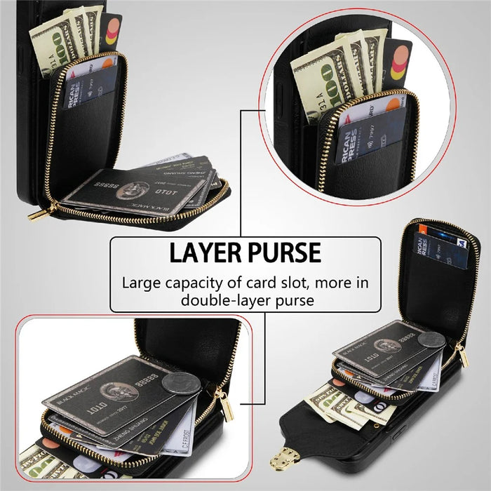 For iPhone 14 PU Leather Coated TPU Phone Case Zipper Card Slot Kickstand Cover with Shoulder Strap - Black - 7