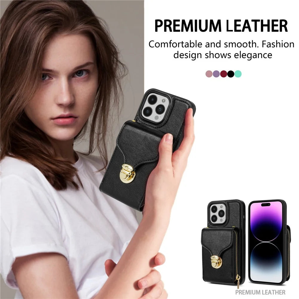 For iPhone 14 Pro PU Leather Coated TPU Zipper Phone Case Card Slot Kickstand Shockproof Cover - Black - 7