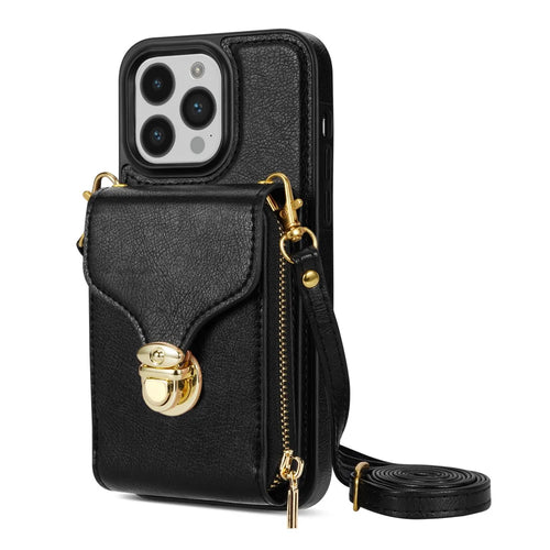 For iPhone 14 Pro Max PU Leather + TPU Kickstand Phone Case Card Slot Holder Zipper Bag Phone Cover - Black - 1