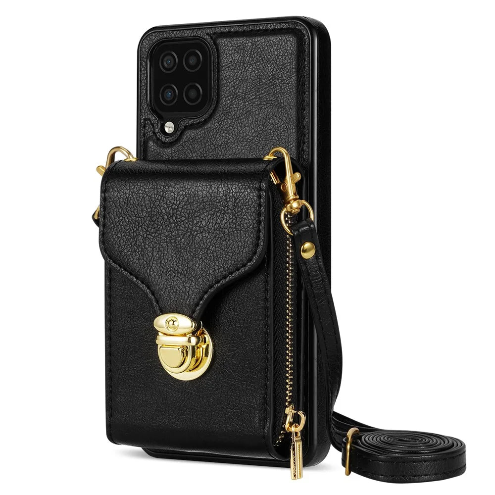 For Samsung Galaxy A12 Zipper Card Holder Bag Phone Case PU Leather Coated TPU Kickstand Cover - Black - 1