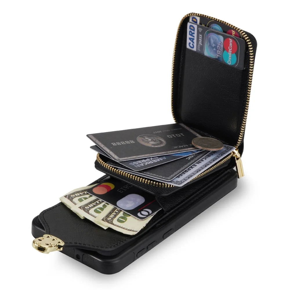 For Samsung Galaxy A12 Zipper Card Holder Bag Phone Case PU Leather Coated TPU Kickstand Cover - Black - 2