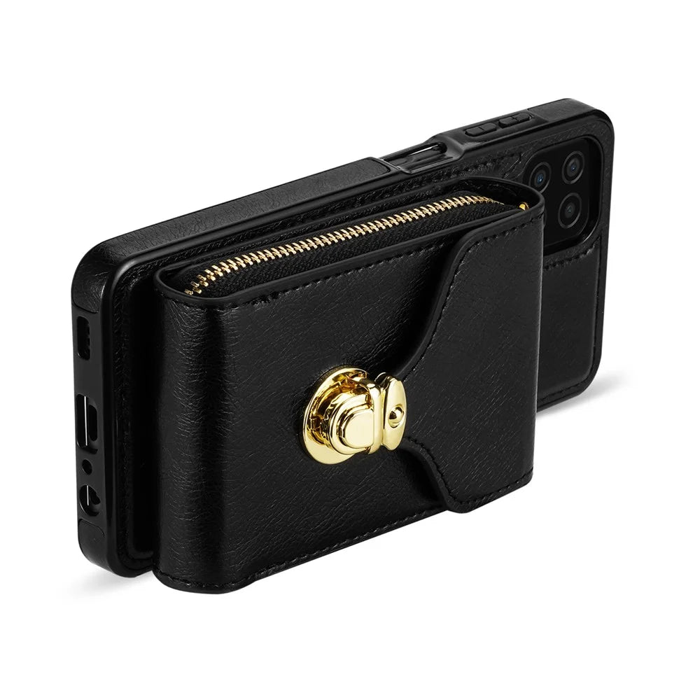 For Samsung Galaxy A12 Zipper Card Holder Bag Phone Case PU Leather Coated TPU Kickstand Cover - Black - 3