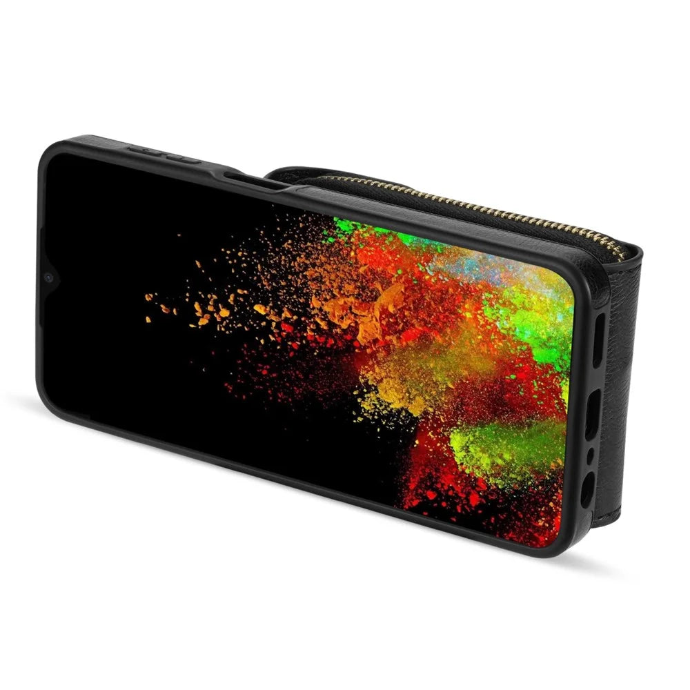For Samsung Galaxy A12 Zipper Card Holder Bag Phone Case PU Leather Coated TPU Kickstand Cover - Black - 4