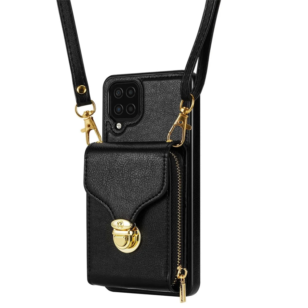 For Samsung Galaxy A12 Zipper Card Holder Bag Phone Case PU Leather Coated TPU Kickstand Cover - Black - 6