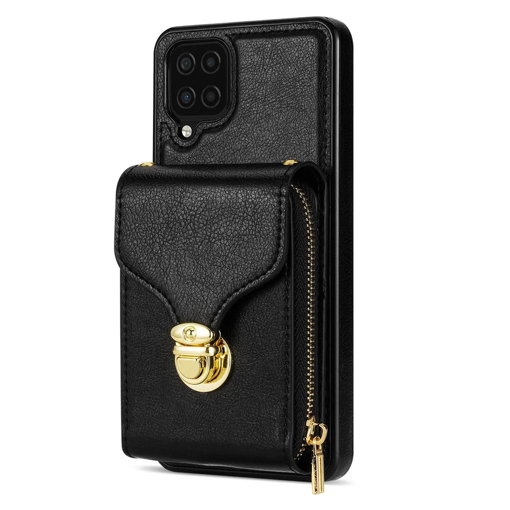 For Samsung Galaxy A12 Zipper Card Holder Bag Phone Case PU Leather Coated TPU Kickstand Cover - Black - 7