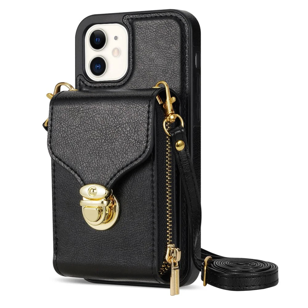 For iPhone 11 6.1 inch PU Leather Coated TPU Card Slot Phone Case Kickstand Crossbody Zipper Cover - Black - 1
