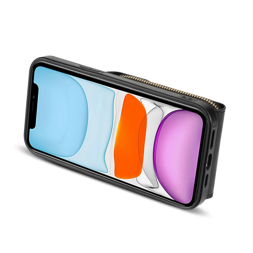 For iPhone 11 6.1 inch PU Leather Coated TPU Card Slot Phone Case Kickstand Crossbody Zipper Cover - Black - 4