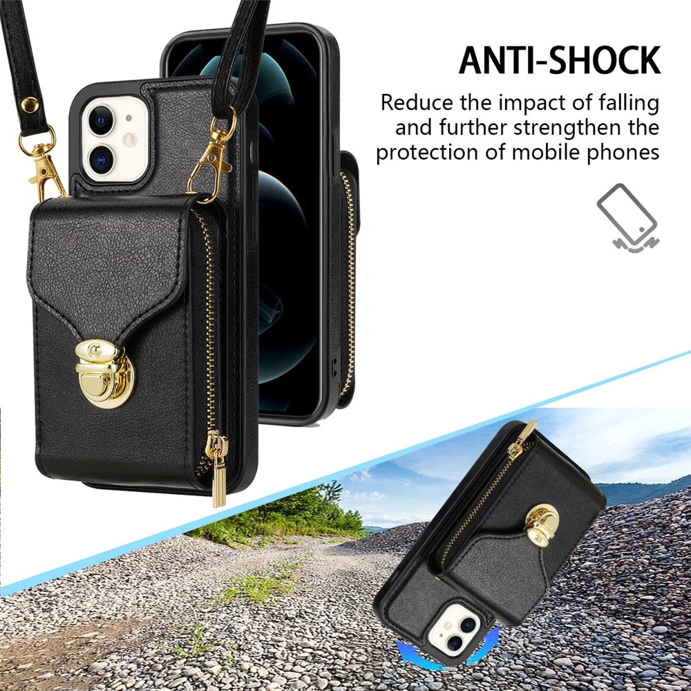For iPhone 11 6.1 inch PU Leather Coated TPU Card Slot Phone Case Kickstand Crossbody Zipper Cover - Black - 5