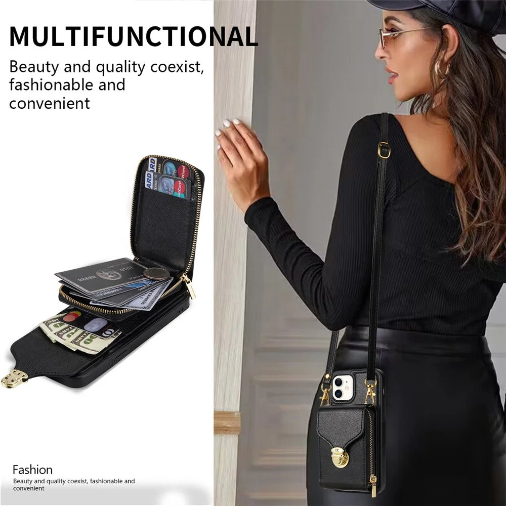 For iPhone 11 6.1 inch PU Leather Coated TPU Card Slot Phone Case Kickstand Crossbody Zipper Cover - Black - 6
