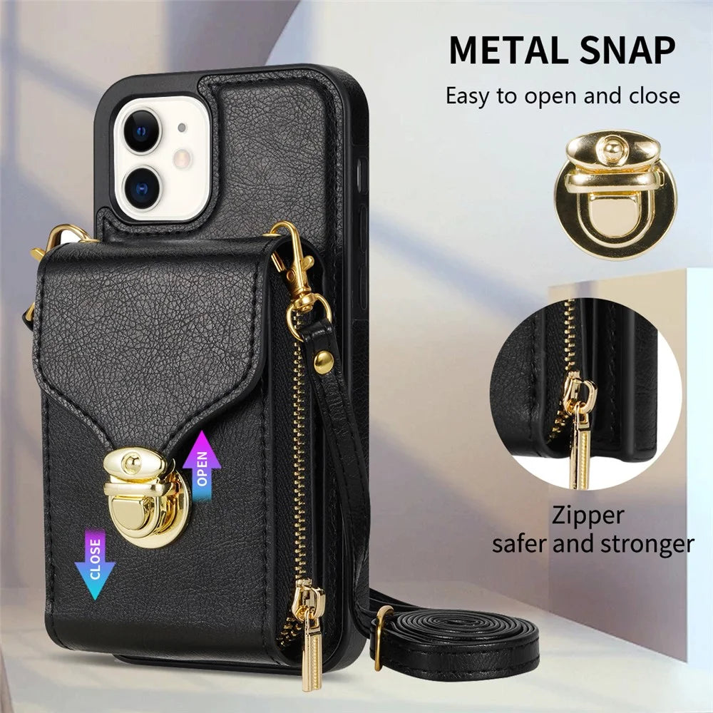 For iPhone 11 6.1 inch PU Leather Coated TPU Card Slot Phone Case Kickstand Crossbody Zipper Cover - Black - 7