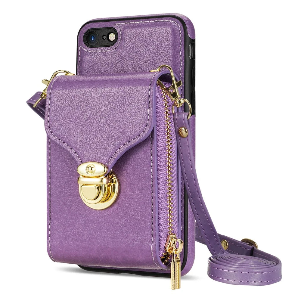 Crossbody Zipper Phone Case for iPhone 7  / 8 4.7 inch / SE (2020) / SE (2022) , PU Leather Coated TPU Card Slot Kickstand Cover - Purple - 1