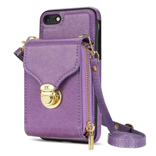 Crossbody Zipper Phone Case for iPhone 7  / 8 4.7 inch / SE (2020) / SE (2022) , PU Leather Coated TPU Card Slot Kickstand Cover - Purple - 1