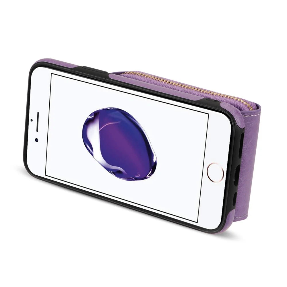 Crossbody Zipper Phone Case for iPhone 7  / 8 4.7 inch / SE (2020) / SE (2022) , PU Leather Coated TPU Card Slot Kickstand Cover - Purple - 4