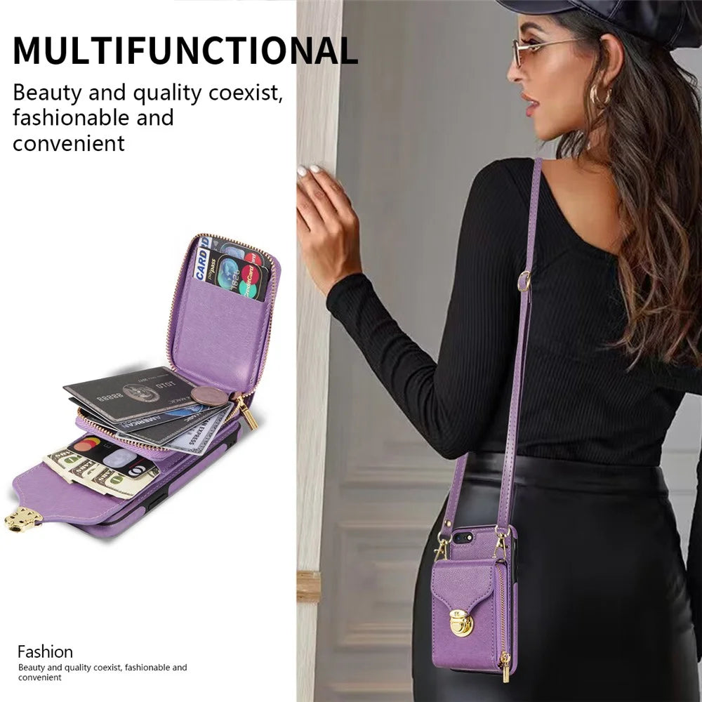 Crossbody Zipper Phone Case for iPhone 7  / 8 4.7 inch / SE (2020) / SE (2022) , PU Leather Coated TPU Card Slot Kickstand Cover - Purple - 5