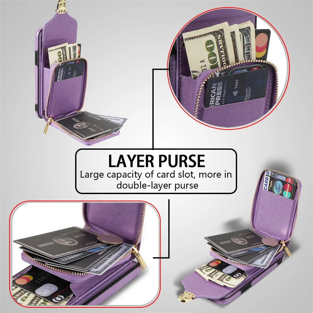 Crossbody Zipper Phone Case for iPhone 7  / 8 4.7 inch / SE (2020) / SE (2022) , PU Leather Coated TPU Card Slot Kickstand Cover - Purple - 6