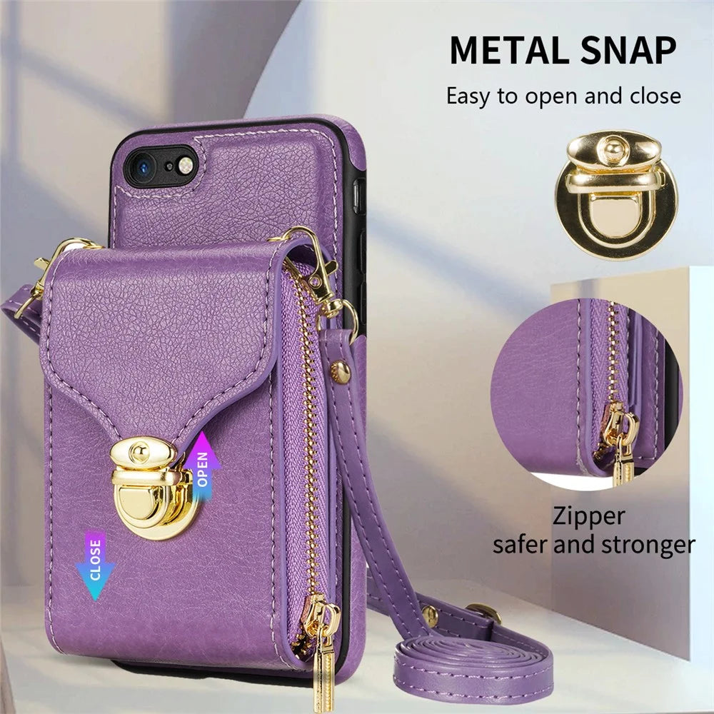 Crossbody Zipper Phone Case for iPhone 7  / 8 4.7 inch / SE (2020) / SE (2022) , PU Leather Coated TPU Card Slot Kickstand Cover - Purple - 7