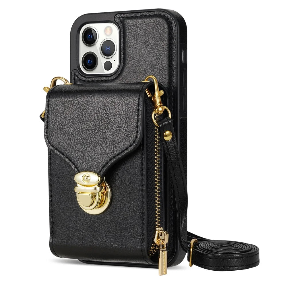 For iPhone 12 Pro Max 6.7 inch Leather Coated TPU Kickstand Case Zipper Card Holder Pouch Phone Cover - Black - 1