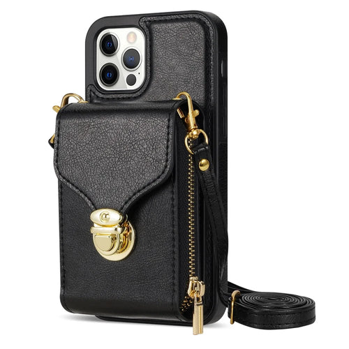 For iPhone 12 Pro Max 6.7 inch Leather Coated TPU Kickstand Case Zipper Card Holder Pouch Phone Cover - Black - 1