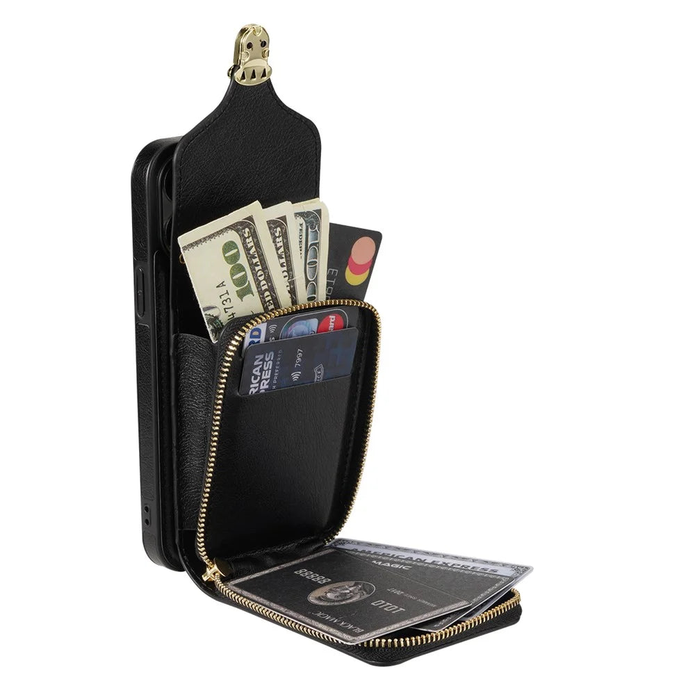 For iPhone 12 Pro Max 6.7 inch Leather Coated TPU Kickstand Case Zipper Card Holder Pouch Phone Cover - Black - 2
