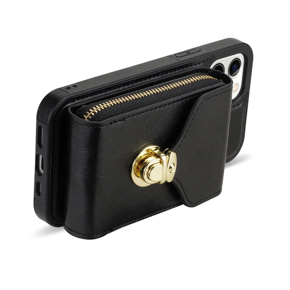 For iPhone 12 Pro Max 6.7 inch Leather Coated TPU Kickstand Case Zipper Card Holder Pouch Phone Cover - Black - 3