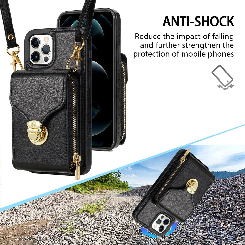 For iPhone 12 Pro Max 6.7 inch Leather Coated TPU Kickstand Case Zipper Card Holder Pouch Phone Cover - Black - 5