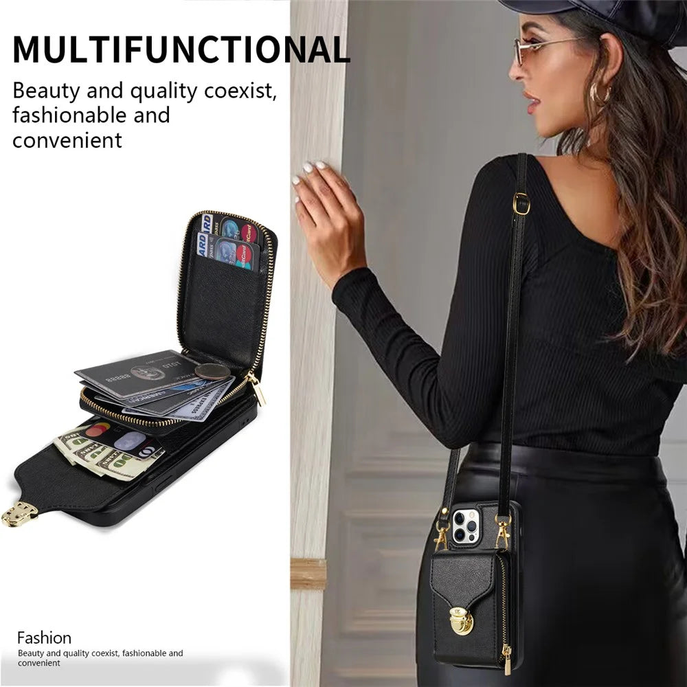 For iPhone 12 Pro Max 6.7 inch Leather Coated TPU Kickstand Case Zipper Card Holder Pouch Phone Cover - Black - 6
