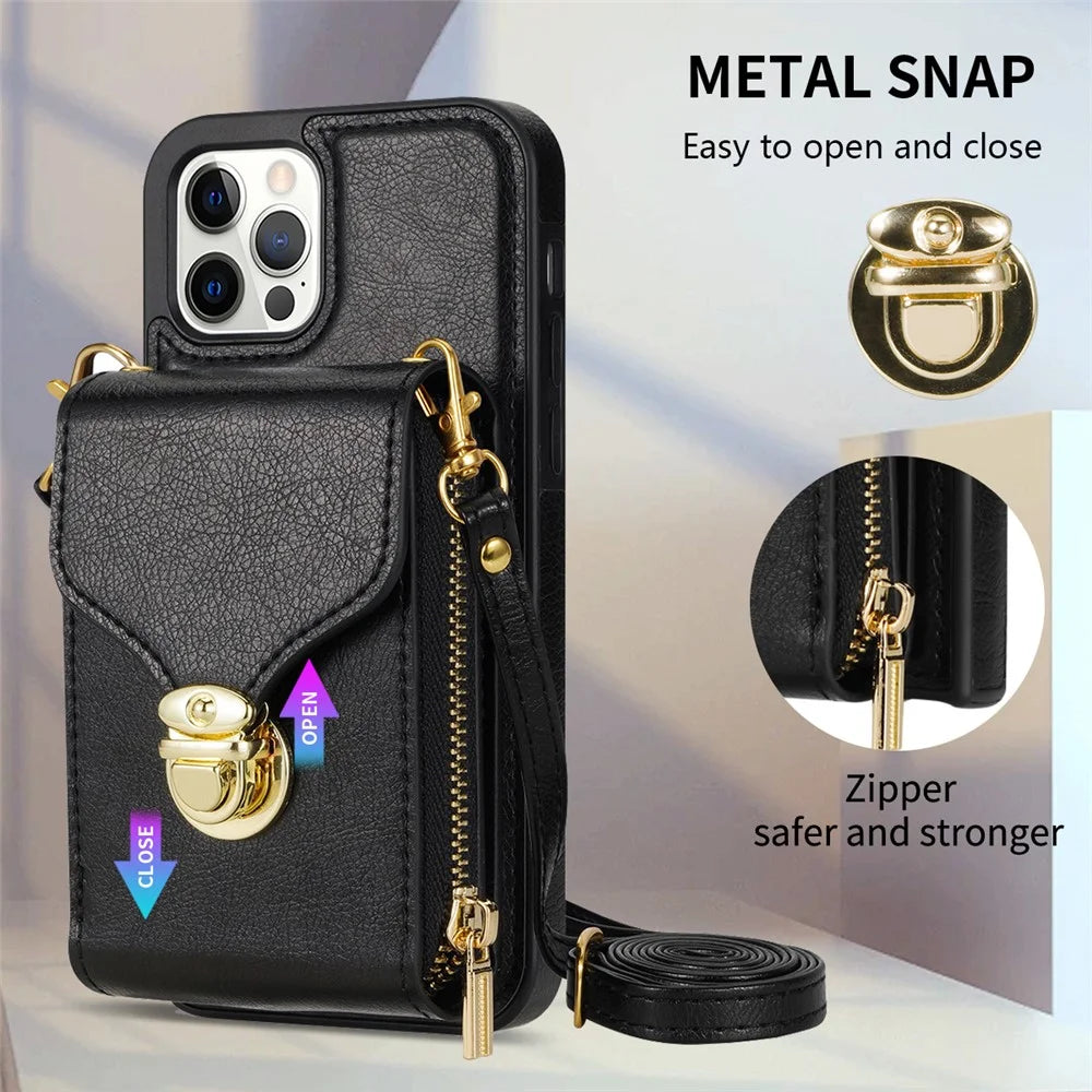 For iPhone 12 Pro Max 6.7 inch Leather Coated TPU Kickstand Case Zipper Card Holder Pouch Phone Cover - Black - 7