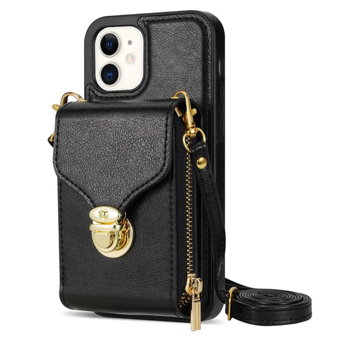 Zipper Phone Cover for iPhone 12 / 12 Pro 6.1 inch , PU Leather Coated TPU Card Holder Kickstand Case - Black - 1