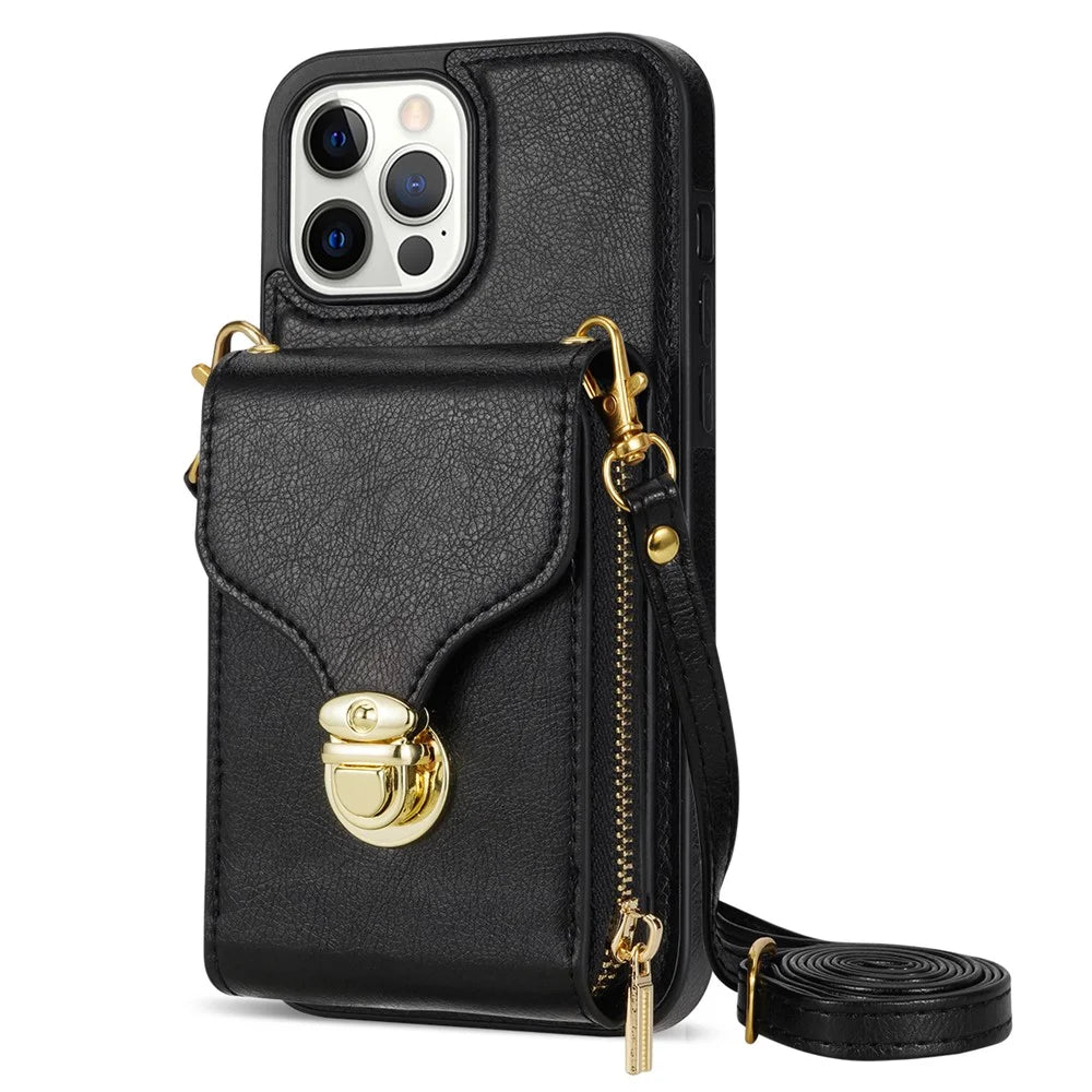 For iPhone 13 Pro 6.1 inch PU Leather + TPU Back Case Zipper Card Holder Kickstand Phone Cover with Shoulder Strap - Black - 1