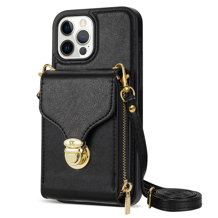 For iPhone 13 Pro 6.1 inch PU Leather + TPU Back Case Zipper Card Holder Kickstand Phone Cover with Shoulder Strap - Black - 1