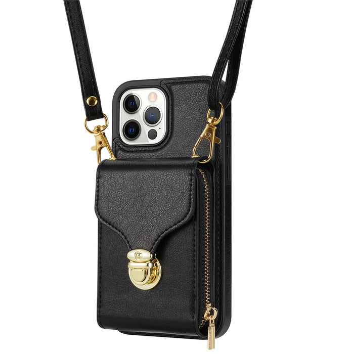 For iPhone 13 Pro 6.1 inch PU Leather + TPU Back Case Zipper Card Holder Kickstand Phone Cover with Shoulder Strap - Black - 7