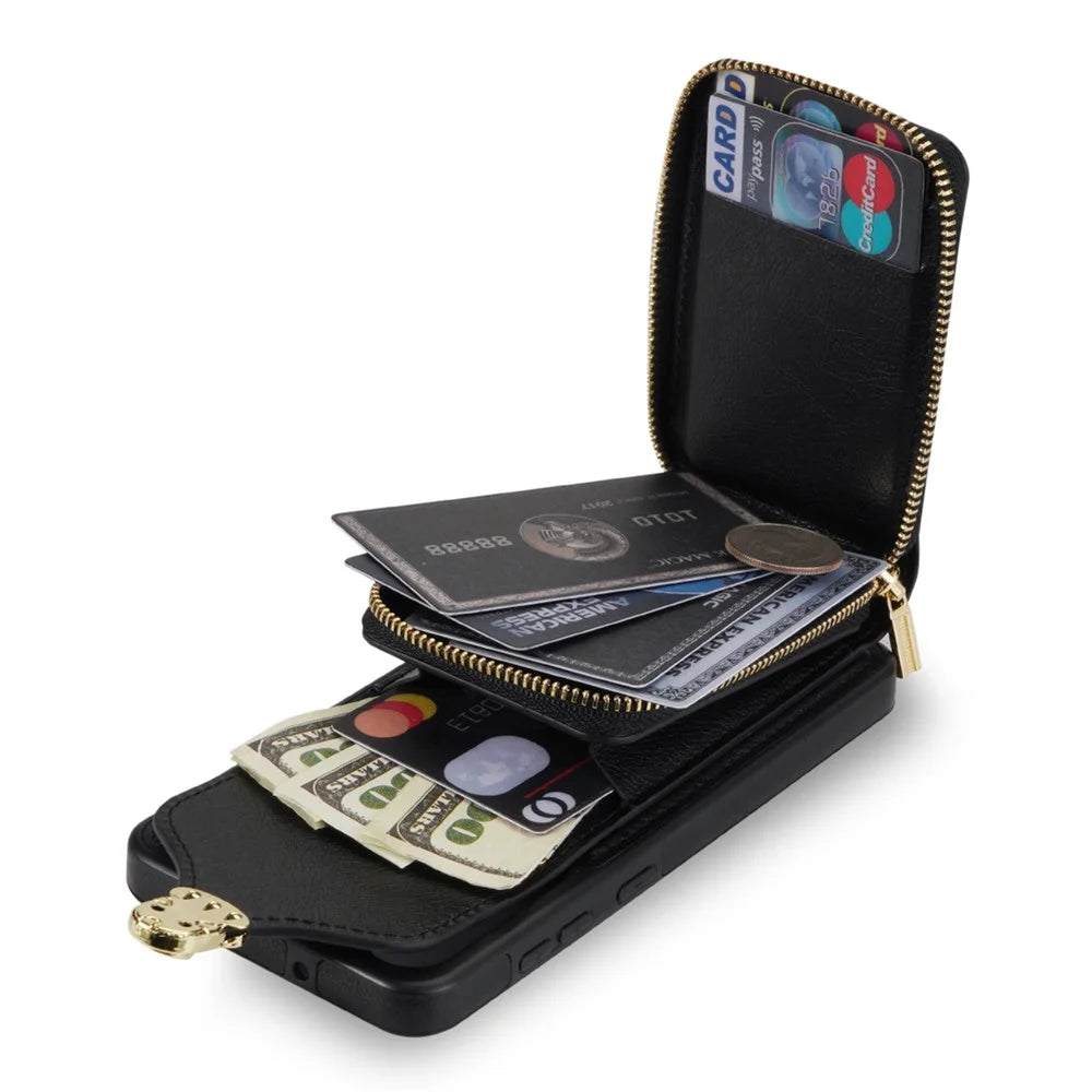 Crossbody Phone Case for Samsung Galaxy A52 4G / 5G / A52s 5G , PU Leather + TPU Zipper Card Holder Kickstand Cover - Black - 4