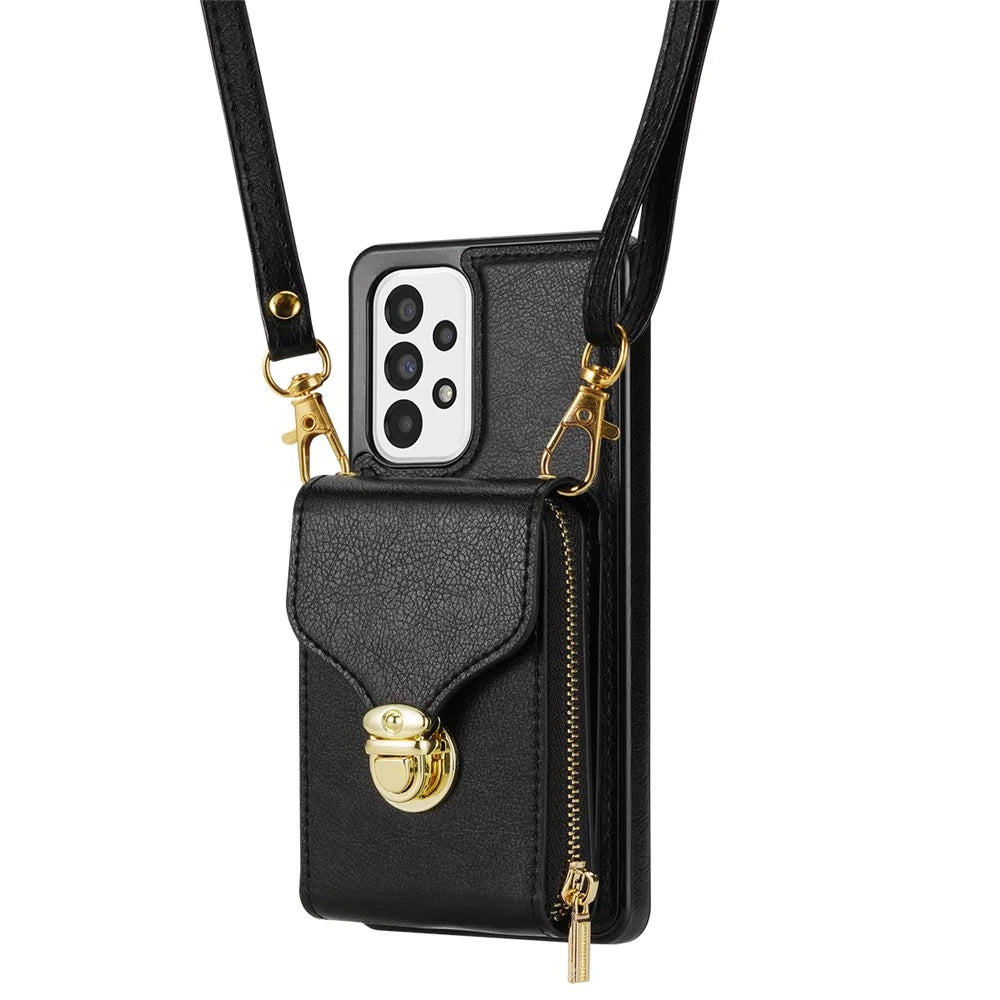 Crossbody Phone Case for Samsung Galaxy A52 4G / 5G / A52s 5G , PU Leather + TPU Zipper Card Holder Kickstand Cover - Black - 6