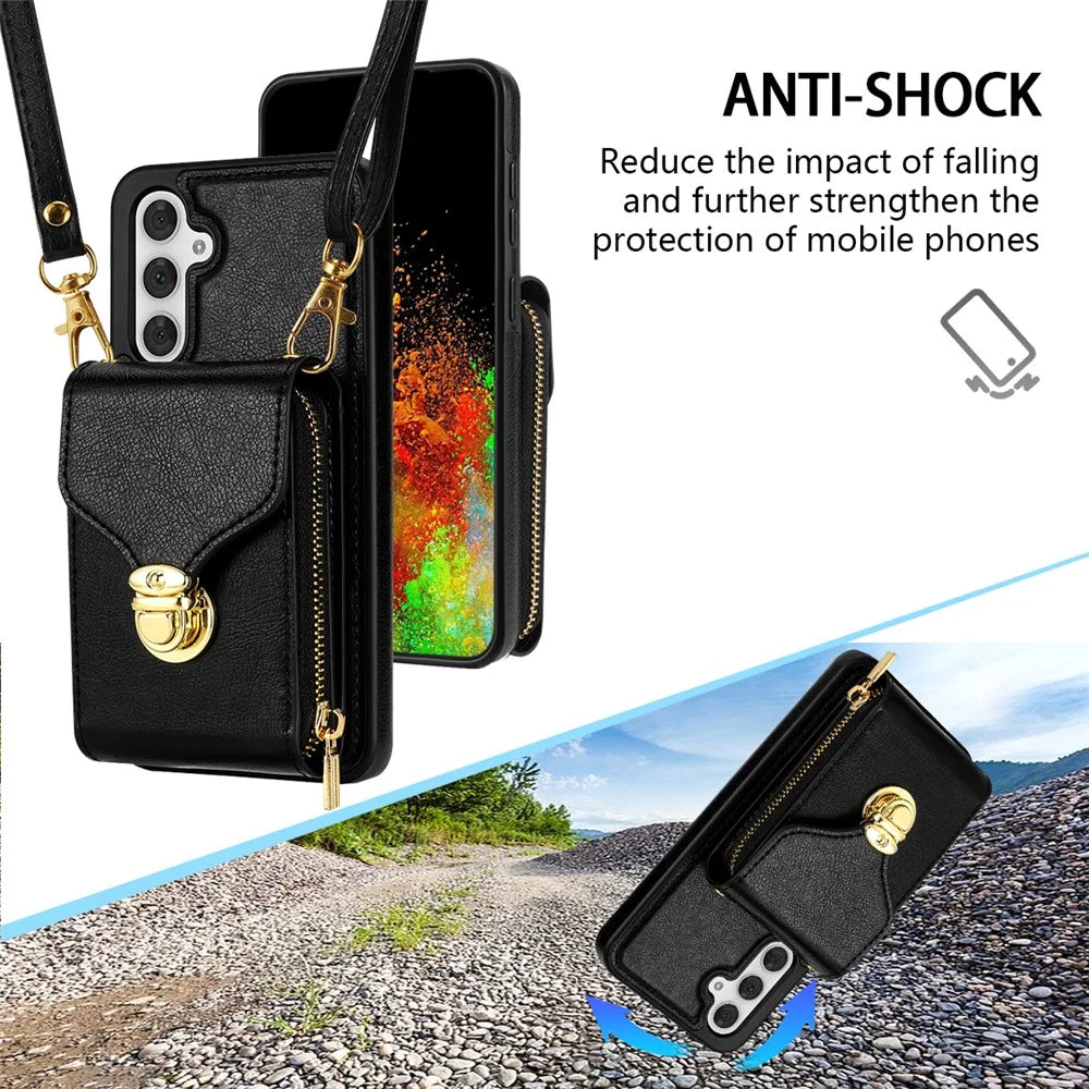 For Samsung Galaxy A54 5G PU Leather + TPU Anti-Fall Phone Case Card Slot Zipper Phone Bag Kickstand Cover - Black - 6