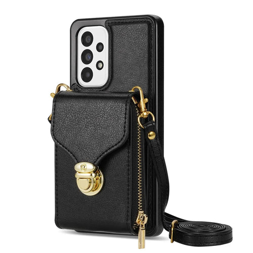 For Samsung Galaxy A53 5G Crossbody Zipper Case PU Leather + TPU Card Holder Kickstand Phone Cover - Black - 1