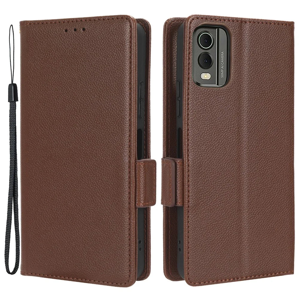 For Nokia C32 PU Leather Wallet Case Litchi Texture Stand Phone Cover with Strap - Brown - 1