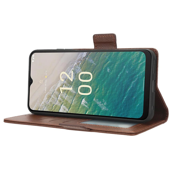 For Nokia C32 PU Leather Wallet Case Litchi Texture Stand Phone Cover with Strap - Brown - 3