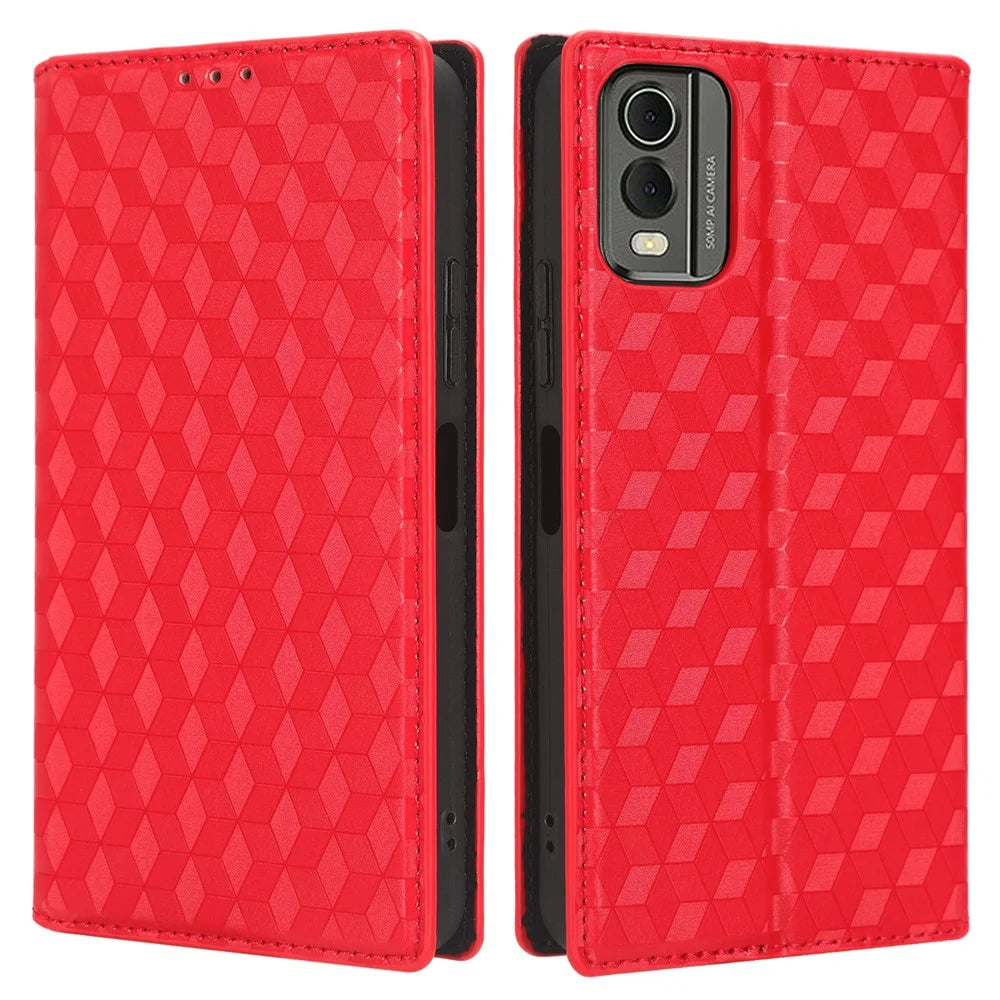 PU Leather Case for Nokia C32 Rhombus Imprint Flip Stand Wallet Phone Cover - Red - 1