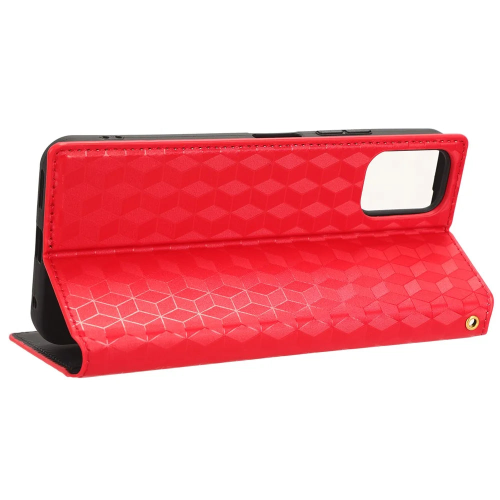 PU Leather Case for Nokia C32 Rhombus Imprint Flip Stand Wallet Phone Cover - Red - 3