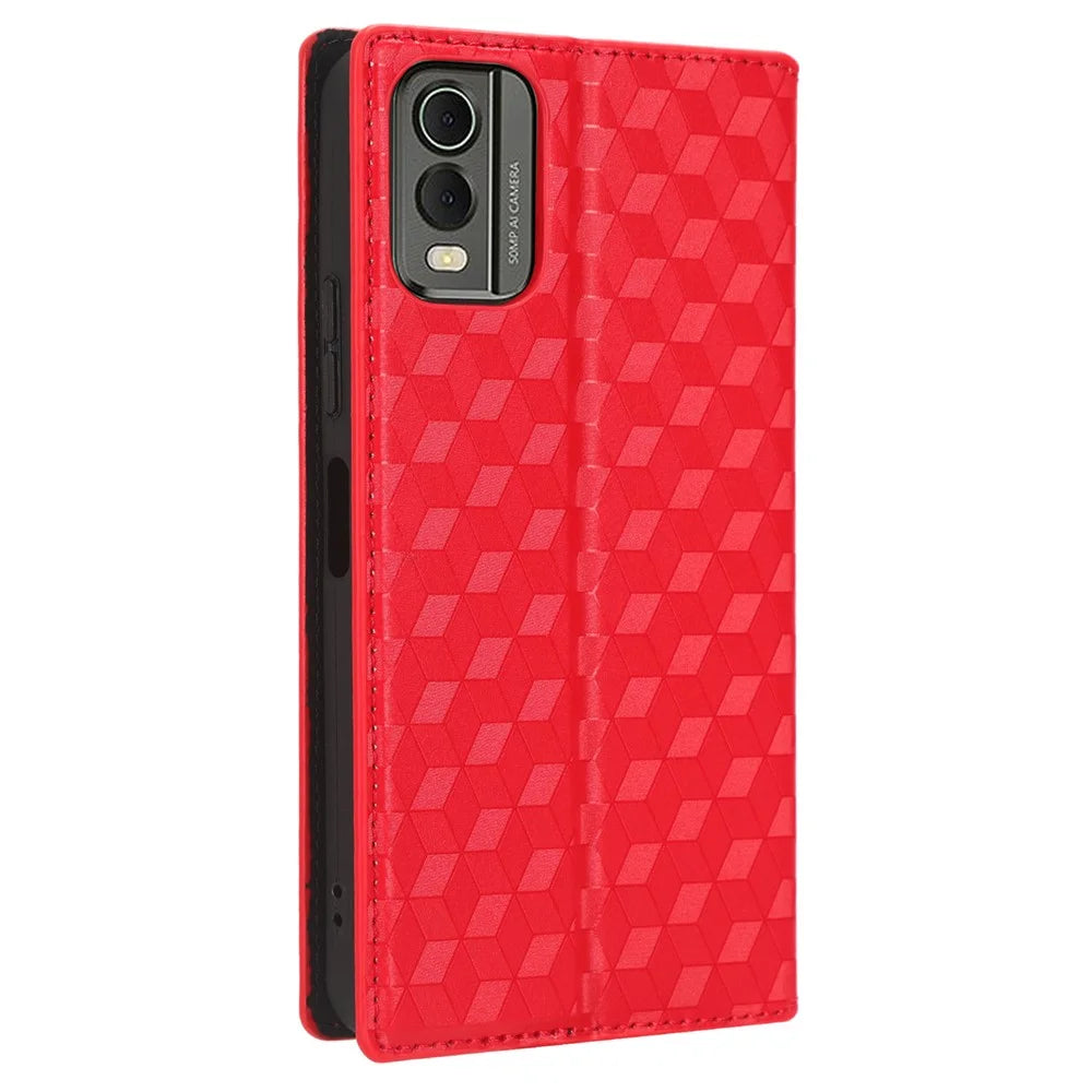 PU Leather Case for Nokia C32 Rhombus Imprint Flip Stand Wallet Phone Cover - Red - 7