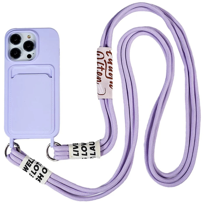 Protective Case for iPhone 14 Pro Max Liquid Silicone Slim Case Card Slot Phone Cover with Strap - Purple - 1