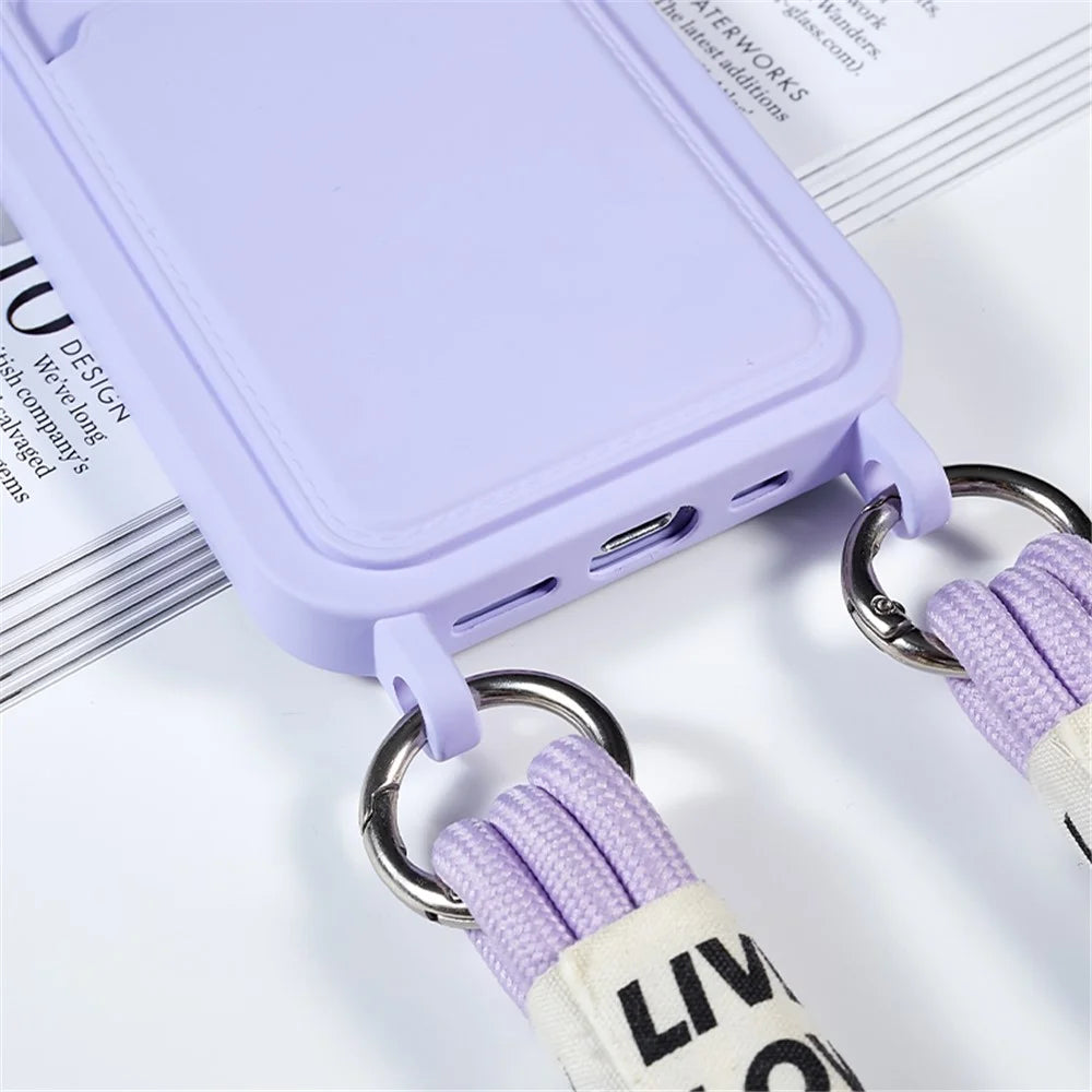 Anti-Drop Slim Case for iPhone 13 Pro Max 6.7 inch Liquid Silicone Phone Cover with Card Slot, Strap - Purple - 6