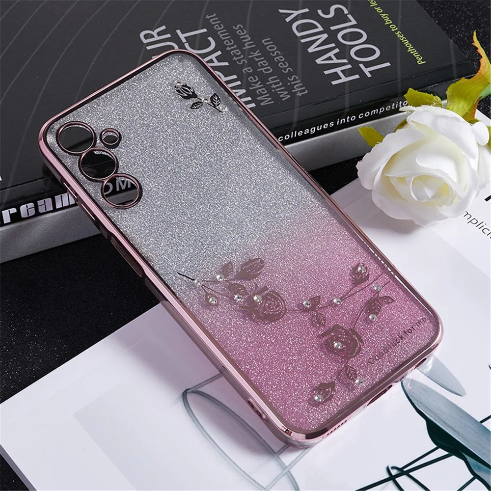 KADEM For Samsung Galaxy A24 4G (162.1 x 77.6 x 8.3mm) Flower Pattern Phone Case Rhinestone Decor Gradient Glitter TPU Cover - Rose Gold - 3
