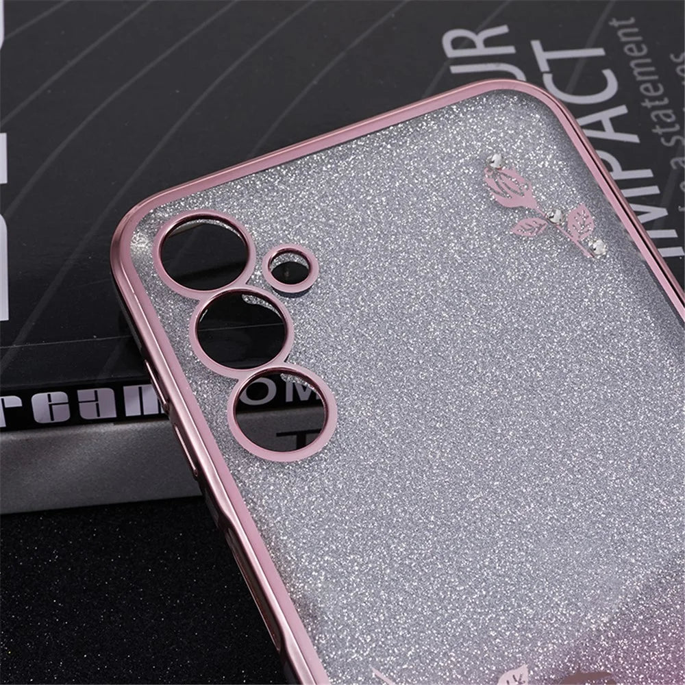 KADEM For Samsung Galaxy A24 4G (162.1 x 77.6 x 8.3mm) Flower Pattern Phone Case Rhinestone Decor Gradient Glitter TPU Cover - Rose Gold - 4