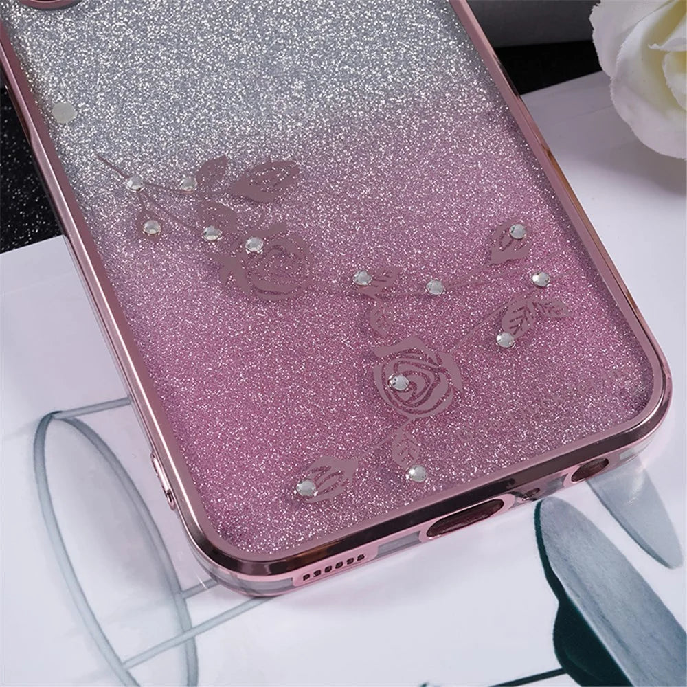 KADEM For Samsung Galaxy A24 4G (162.1 x 77.6 x 8.3mm) Flower Pattern Phone Case Rhinestone Decor Gradient Glitter TPU Cover - Rose Gold - 5