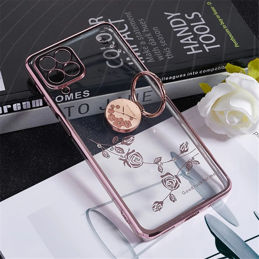 KADEM For Samsung Galaxy M53 5G Phone Case with Kickstand Electroplating Flower Pattern Rhinestone Phone Cover - Rose Gold - 5