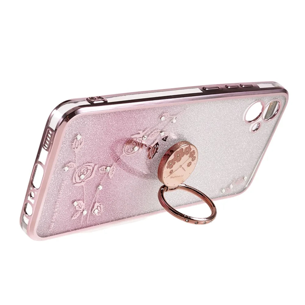 KADEM For Samsung Galaxy A04e 4G / M04 4G / F04 4G Rhinestone Phone Case Flower Pattern Kickstand Glitter Gradient TPU Cover - Rose Gold - 3